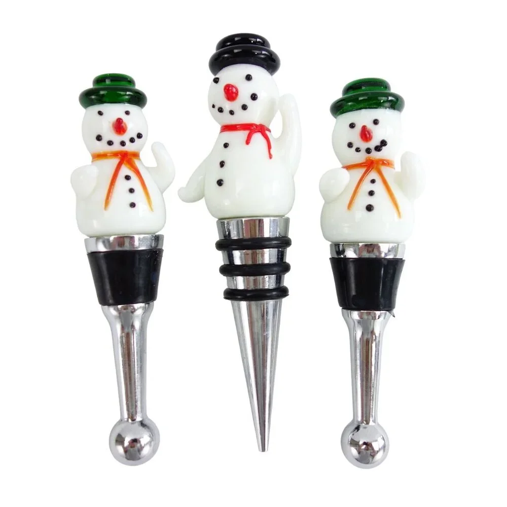 Christmas Holiday Glass Snowmen‎ Wine Stoppers Set of 3